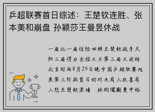 乒超联赛首日综述：王楚钦连胜、张本美和崩盘 孙颖莎王曼昱休战